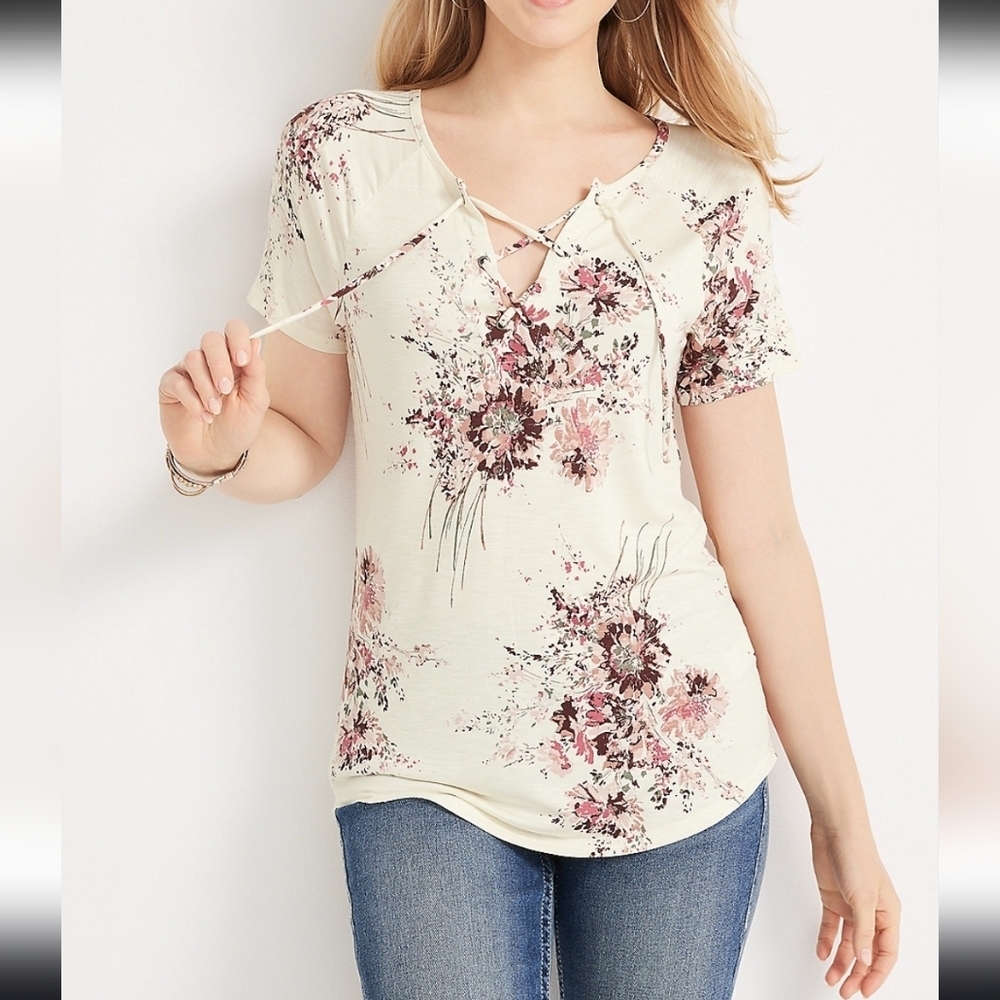 Maurices XL Floral Lace-Up V-Neck Varsity Tee Short Sleeve Striped Top - Picture 5 of 5